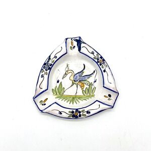Vintage Ceramic Ashtray Triangle Crane Bird Floral Design Decor‎